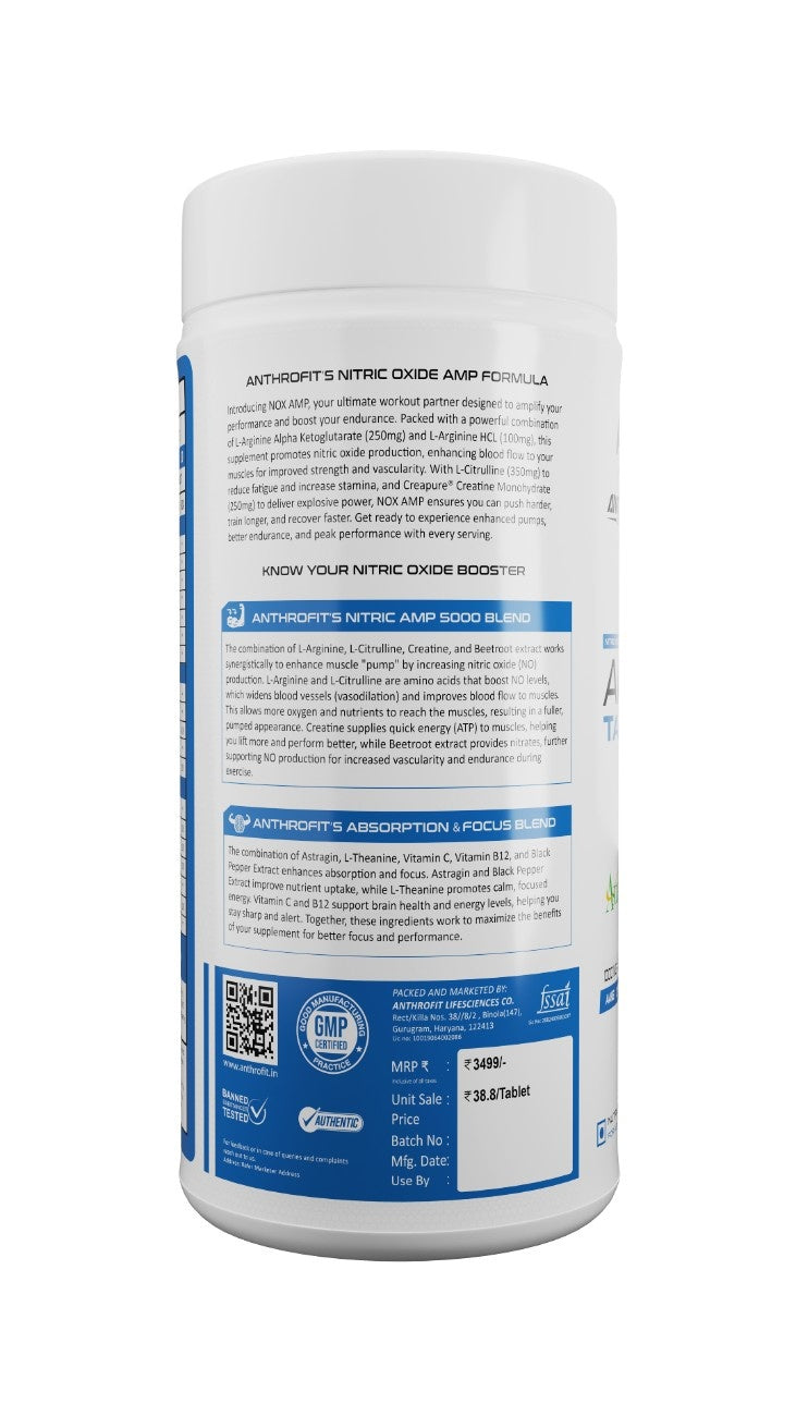 ANTHROFIT AMP 5000 | L-Arginine AAKG, L-Citrulline, CreaPure® Creatine, AstraGin® | Fuels Muscle Growth | Boosts Nitric Oxide Production | Improved Oxygen Flow| 3 Tablets/Serving | 90 Tablets