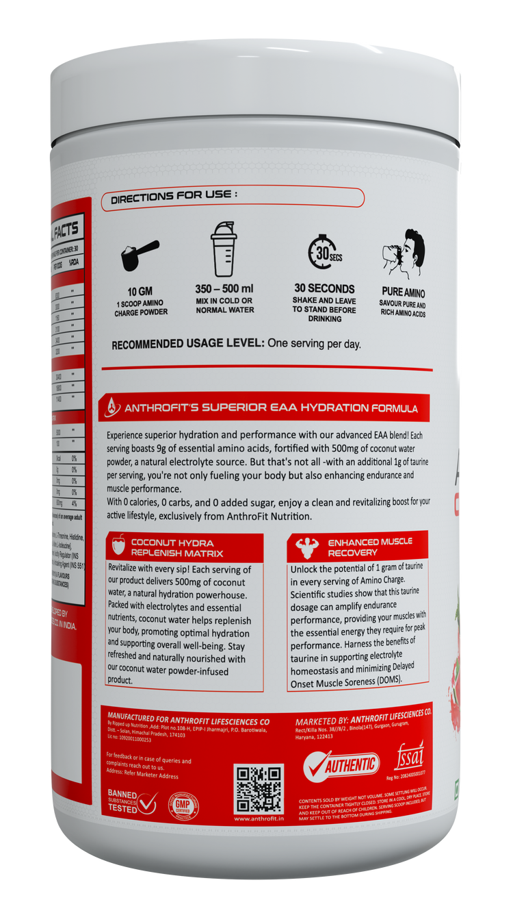 Anthrofit EAA+BCAA | 30 Servings| Fastest Muscle Recovery | Maximized Workout Performance |BCAA For Men | BCAA Supplements For Men & Women | 10g Serving with Ideal 2:1:1 Ratio + Muscle Activators + Electrolytes + Hydration