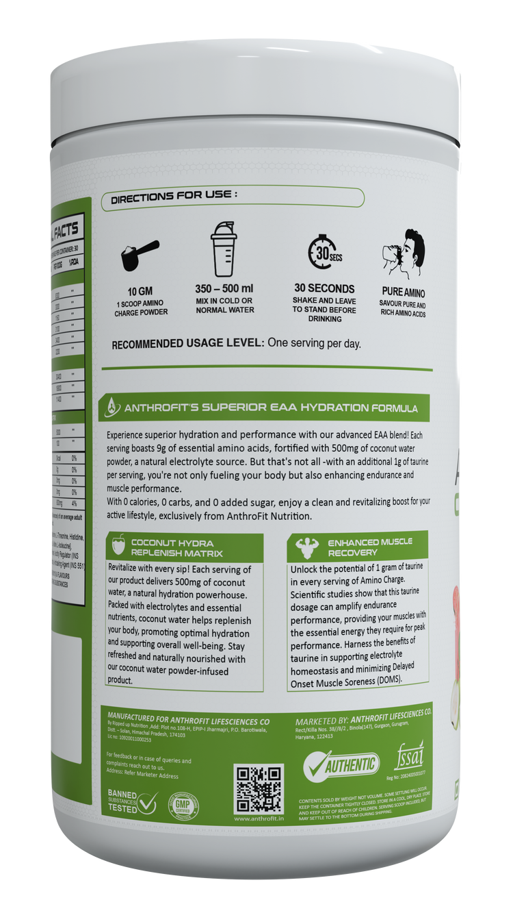 Anthrofit EAA+BCAA | 30 Servings| Fastest Muscle Recovery | Maximized Workout Performance |BCAA For Men | BCAA Supplements For Men & Women | 10g Serving with Ideal 2:1:1 Ratio + Muscle Activators + Electrolytes + Hydration