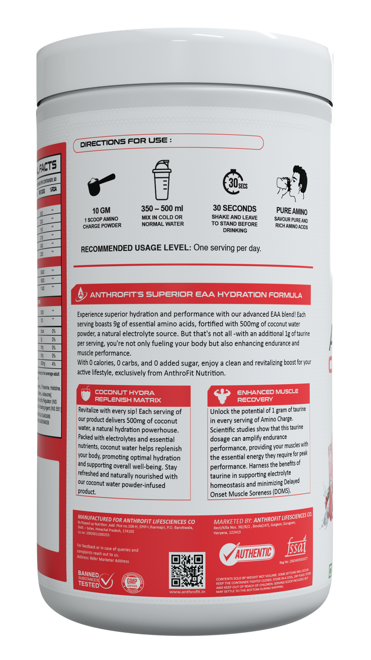 Anthrofit EAA+BCAA | 30 Servings| Fastest Muscle Recovery | Maximized Workout Performance |BCAA For Men | BCAA Supplements For Men & Women | 10g Serving with Ideal 2:1:1 Ratio + Muscle Activators + Electrolytes + Hydration