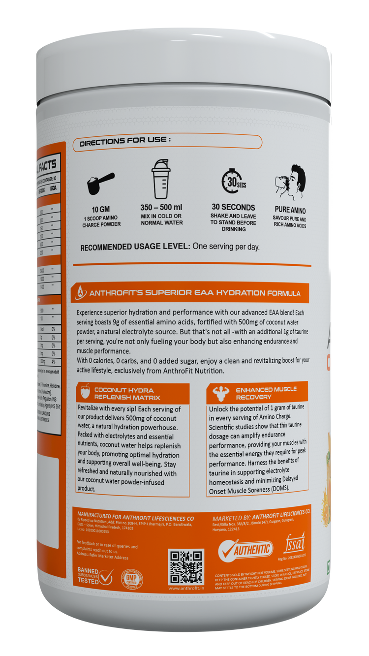 Anthrofit EAA+BCAA | 30 Servings| Fastest Muscle Recovery | Maximized Workout Performance |BCAA For Men | BCAA Supplements For Men & Women | 10g Serving with Ideal 2:1:1 Ratio + Muscle Activators + Electrolytes + Hydration