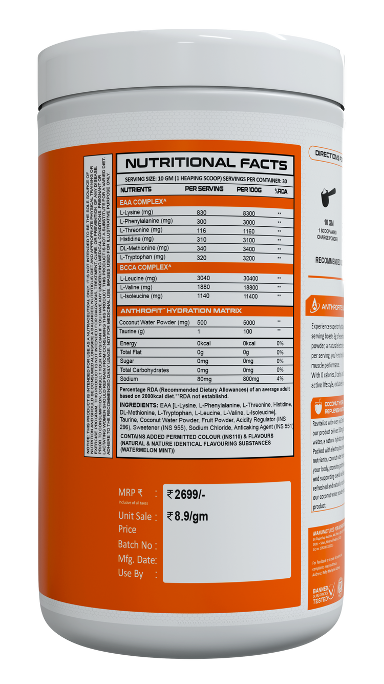 Anthrofit EAA+BCAA | 30 Servings| Fastest Muscle Recovery | Maximized Workout Performance |BCAA For Men | BCAA Supplements For Men & Women | 10g Serving with Ideal 2:1:1 Ratio + Muscle Activators + Electrolytes + Hydration