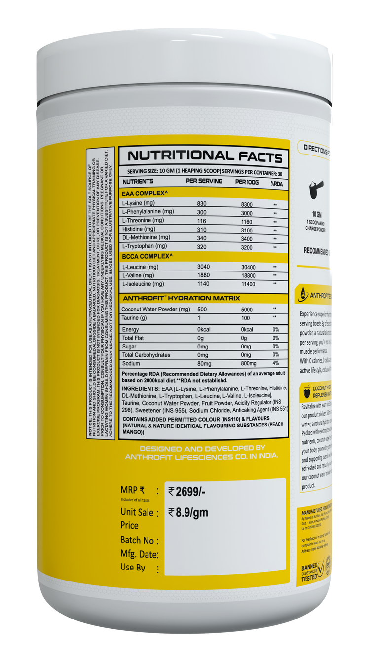 Anthrofit EAA+BCAA | 30 Servings| Fastest Muscle Recovery | Maximized Workout Performance |BCAA For Men | BCAA Supplements For Men & Women | 10g Serving with Ideal 2:1:1 Ratio + Muscle Activators + Electrolytes + Hydration