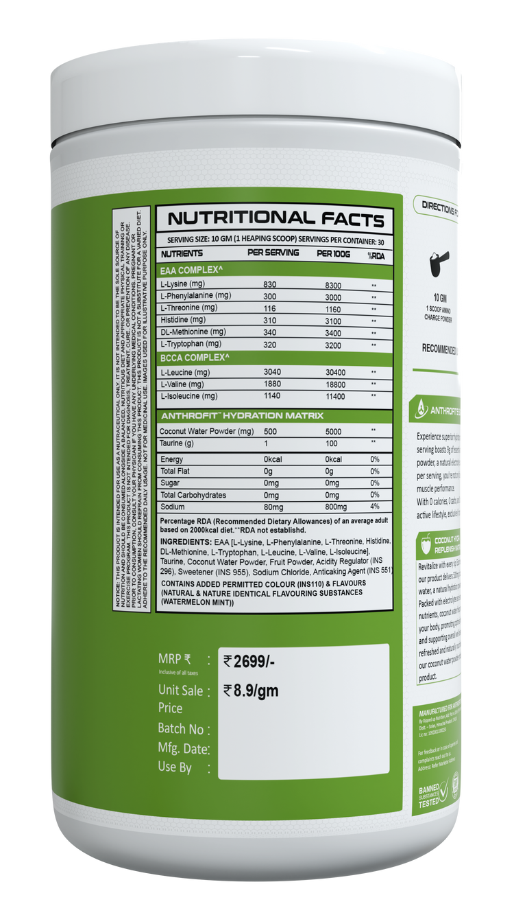 Anthrofit EAA+BCAA | 30 Servings| Fastest Muscle Recovery | Maximized Workout Performance |BCAA For Men | BCAA Supplements For Men & Women | 10g Serving with Ideal 2:1:1 Ratio + Muscle Activators + Electrolytes + Hydration