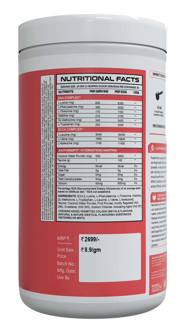 Anthrofit EAA+BCAA | 30 Servings| Fastest Muscle Recovery | Maximized Workout Performance |BCAA For Men | BCAA Supplements For Men & Women | 10g Serving with Ideal 2:1:1 Ratio + Muscle Activators + Electrolytes + Hydration