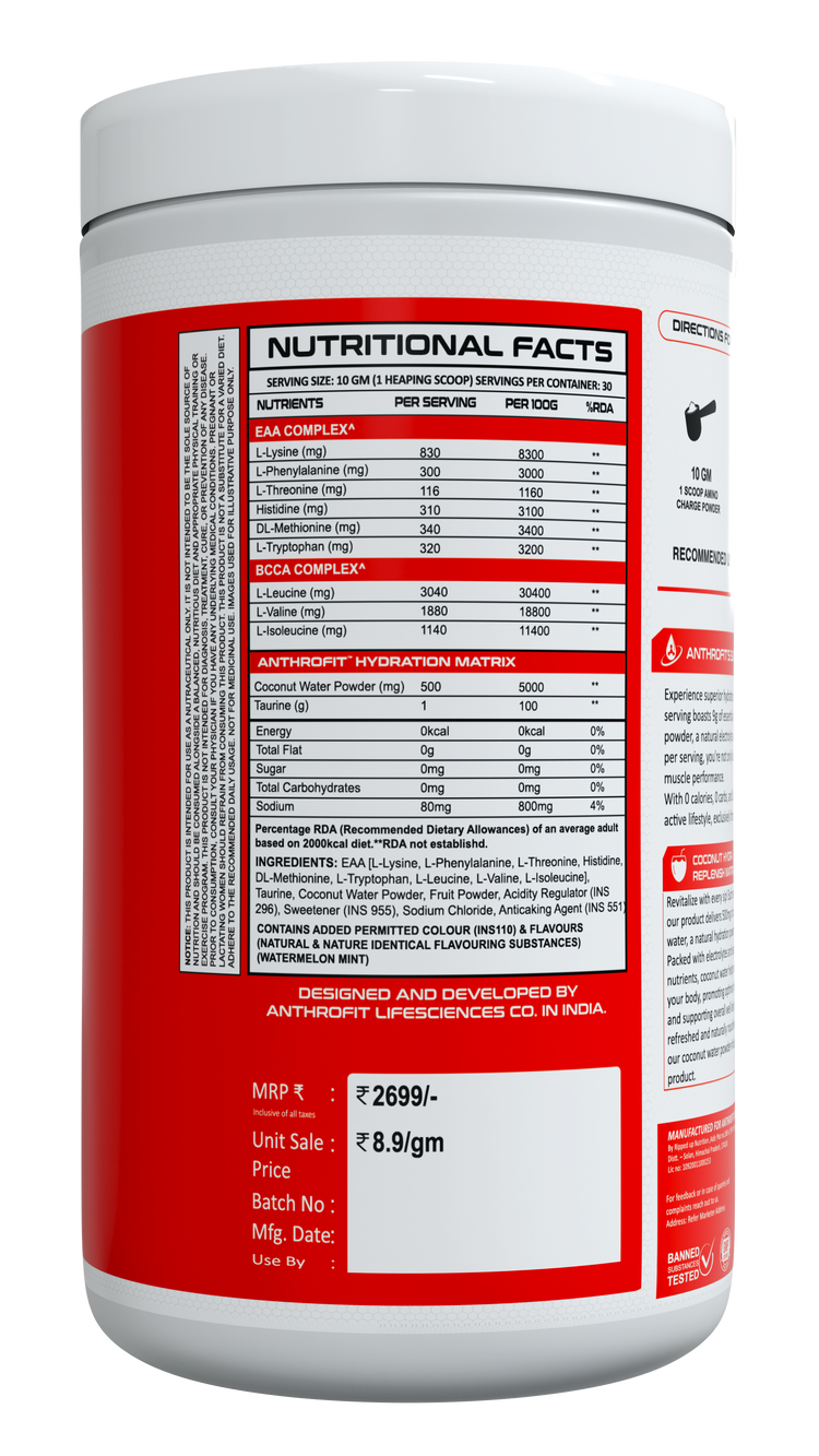 Anthrofit EAA+BCAA | 30 Servings| Fastest Muscle Recovery | Maximized Workout Performance |BCAA For Men | BCAA Supplements For Men & Women | 10g Serving with Ideal 2:1:1 Ratio + Muscle Activators + Electrolytes + Hydration