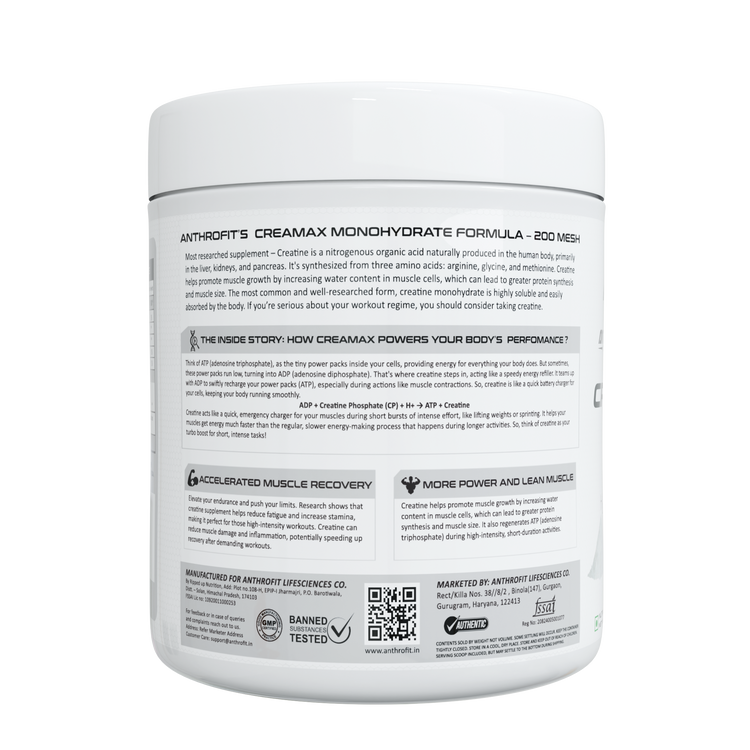 Anthrofit CREAMAX -  Pure Micronised Creatine Monohydrate|EUROFINS LAB TESTED| - 3000mg Creatine Per Scoop | Rapid Absorption, Enhanced Muscle Strength & Power| Fast Recovery,Increased Muscle Mass | Gluten-Free | Unflavored |