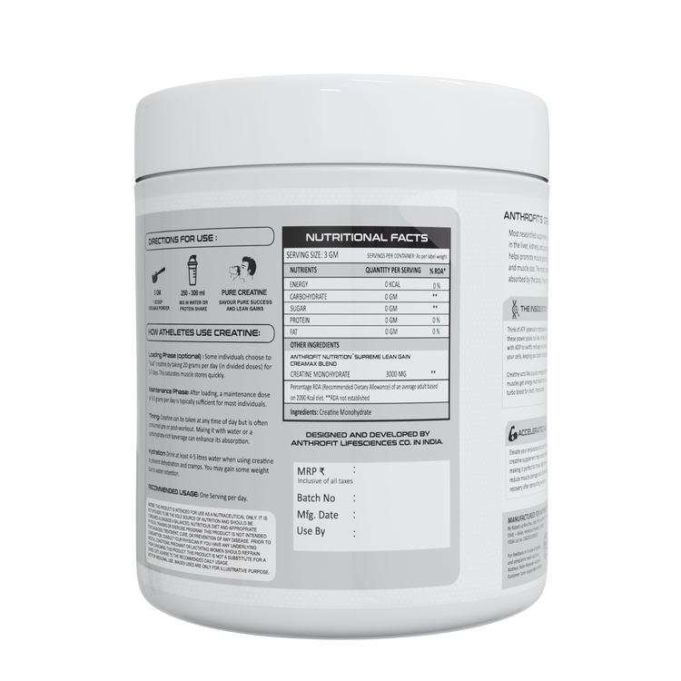 Anthrofit CREAMAX -  Pure Micronised Creatine Monohydrate|EUROFINS LAB TESTED| - 3000mg Creatine Per Scoop | Rapid Absorption, Enhanced Muscle Strength & Power| Fast Recovery,Increased Muscle Mass | Gluten-Free | Unflavored |